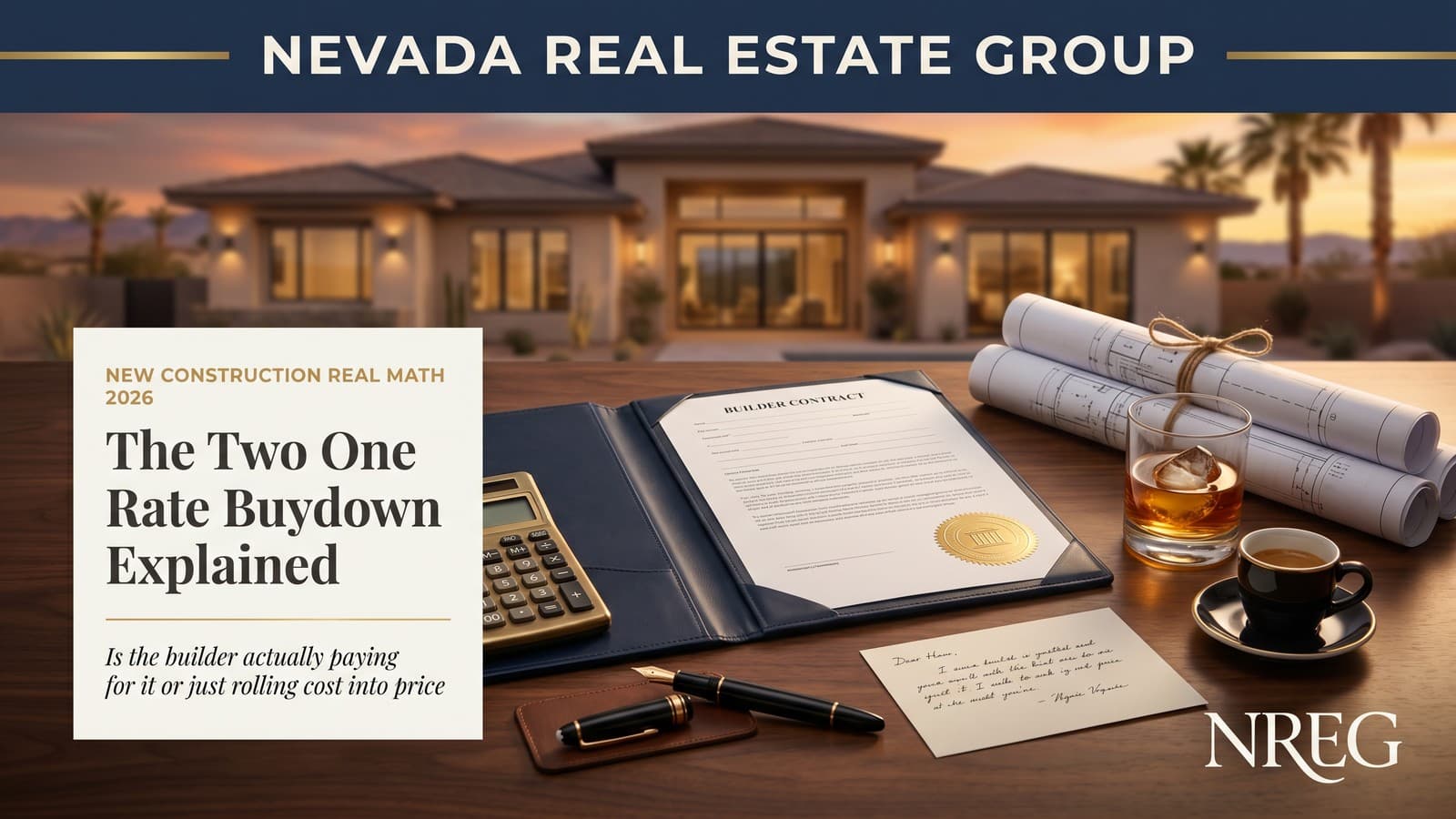 Las Vegas first-time buyer reviewing FHA conventional and VA down payment options on a tablet at a new construction home