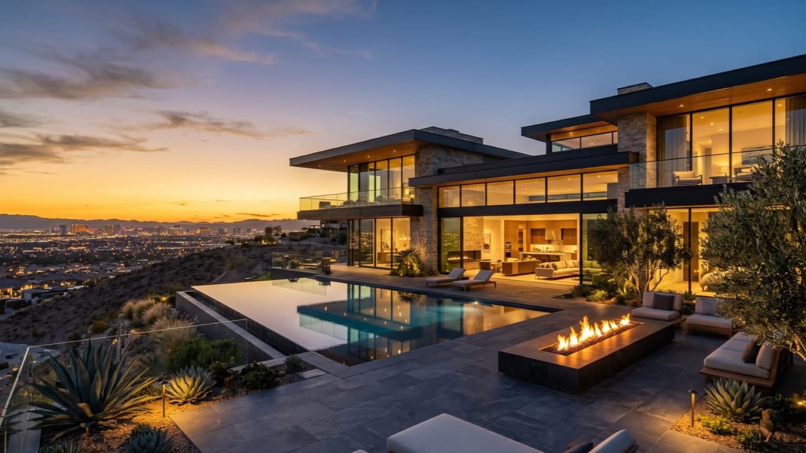 Ascaya custom hillside luxury home with Strip view at twilight in Henderson Nevada guard gated community 2026