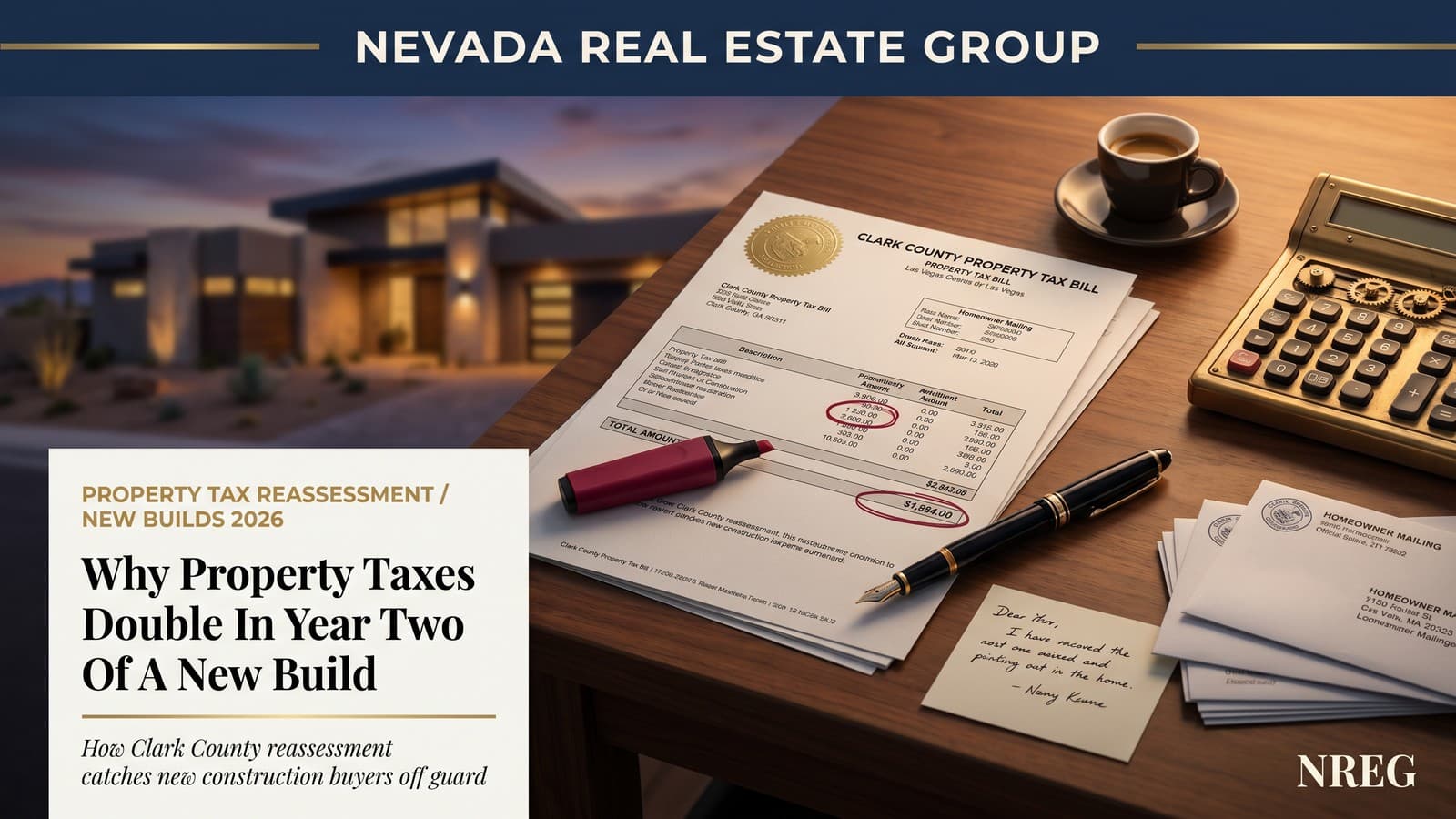 Clark County Las Vegas single family home with reassessment paperwork and 2026 tax bill on kitchen counter