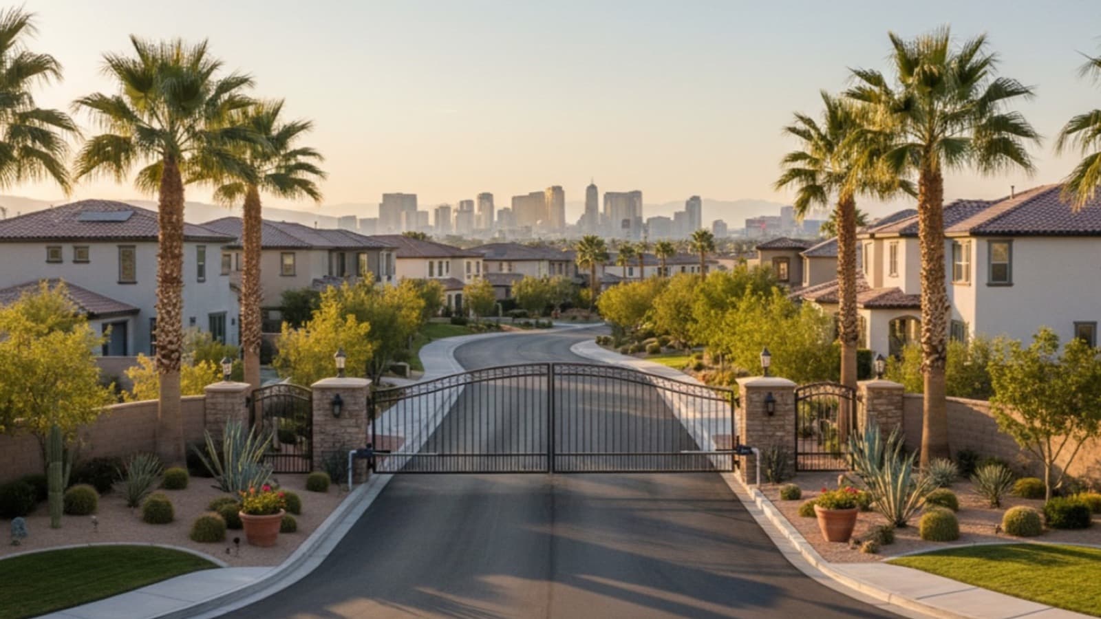 Las Vegas master-planned community entrance with manicured landscaping and palm trees representing HOA-managed common areas