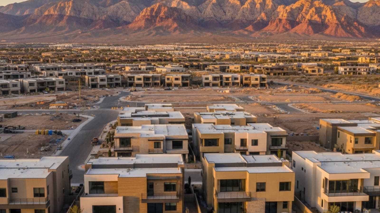 Aerial view of Summerlin West new construction neighborhoods against the Spring Mountains backdrop in Las Vegas