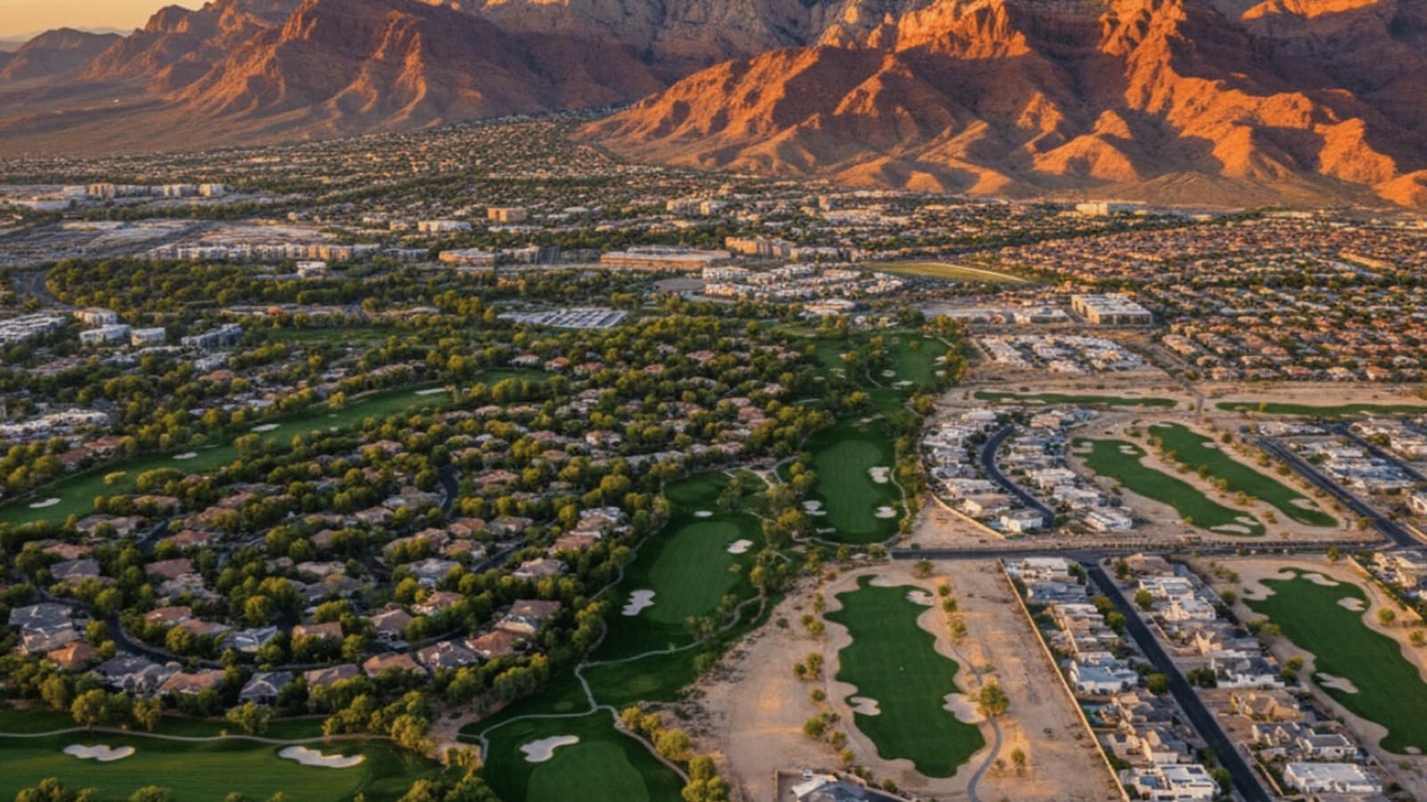 Aerial view of Summerlin 55-plus active adult community with Red Rock Canyon escarpment in the background, Las Vegas, Nevada 2026
