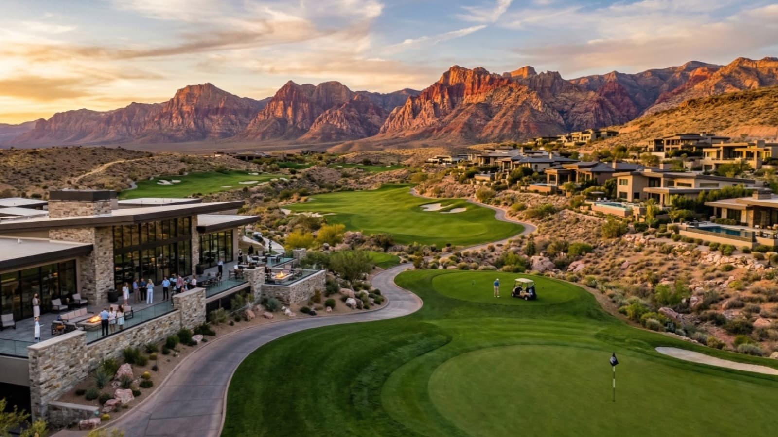 The Summit Club Las Vegas custom estate at golden hour with Red Rock Canyon backdrop inside Summerlin