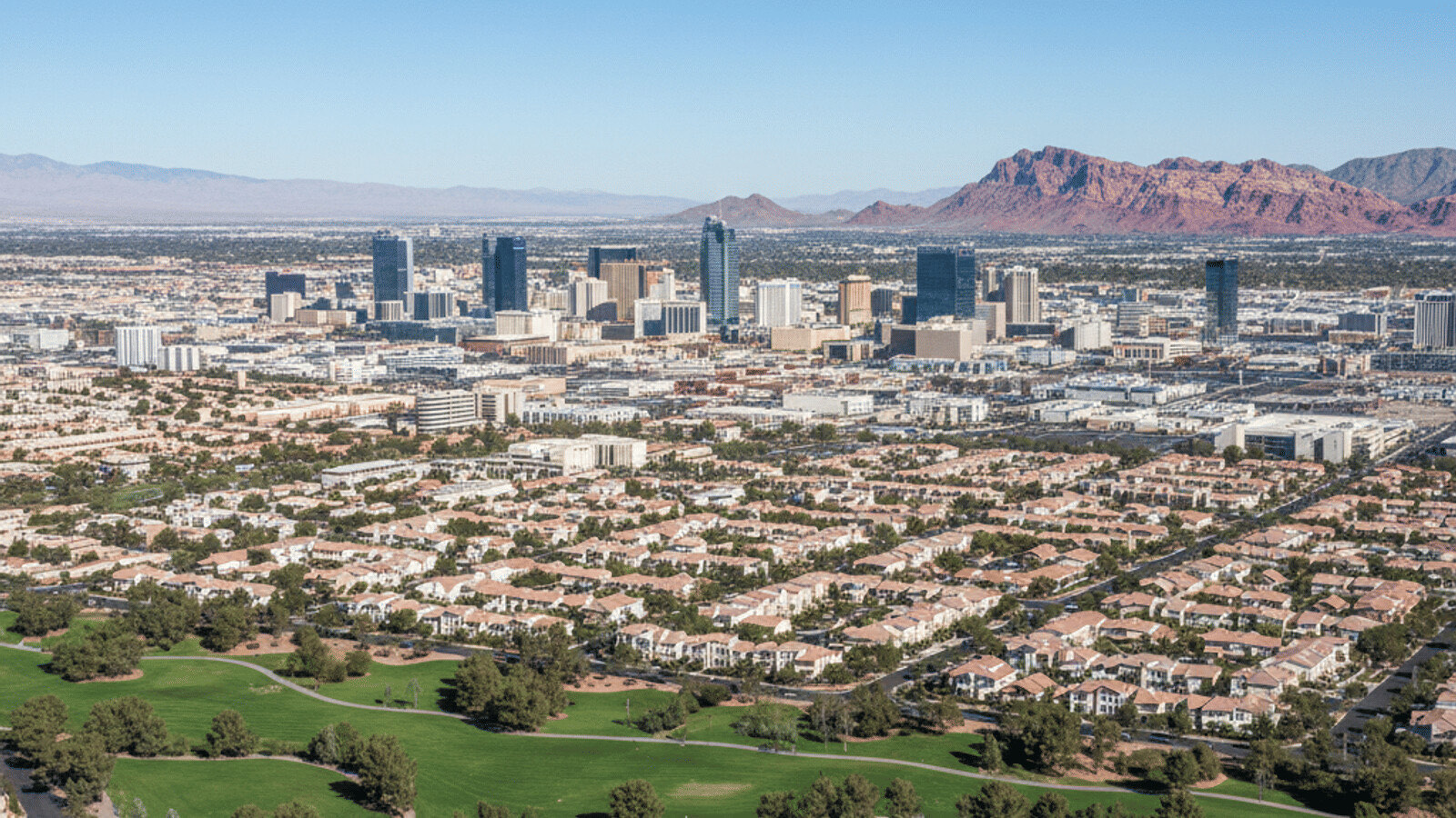 Summerlin Las Vegas master-planned community aerial with Red Rock Canyon backdrop
