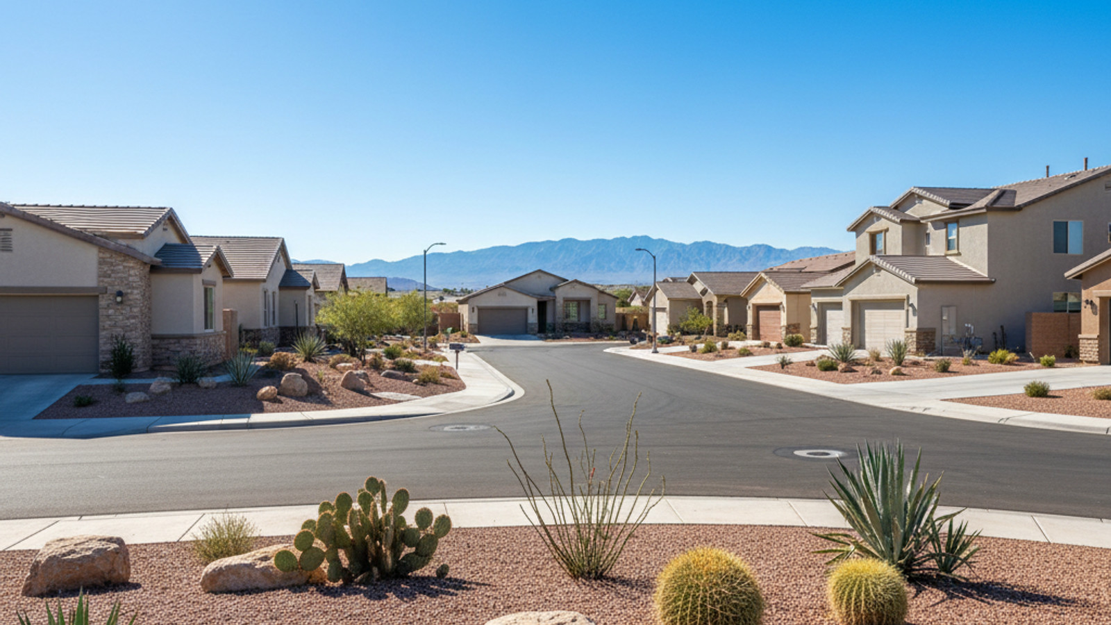 Las Vegas real estate investment community at sunset with HOA park and mountain backdrop