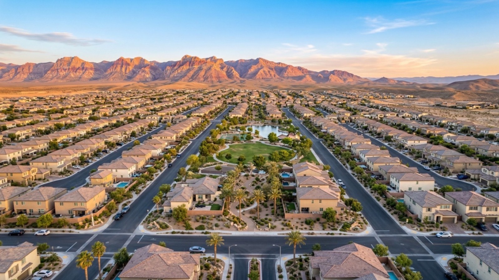 Las Vegas housing market residential neighborhood street view with mountain backdrop in Clark County Nevada