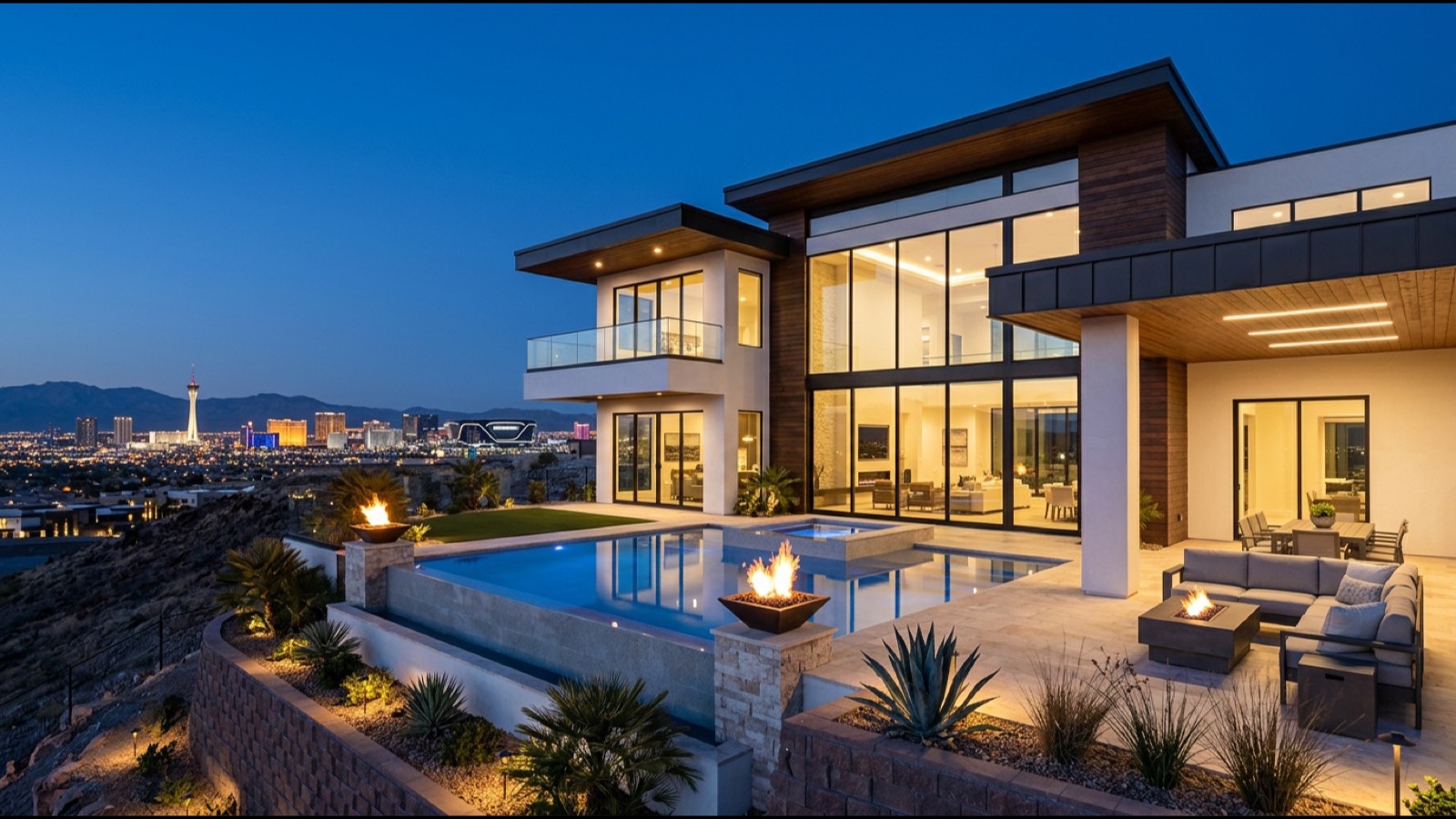 Las Vegas Country Club fairway estate home with mature pine and oleander landscaping and direct course frontage at sunset
