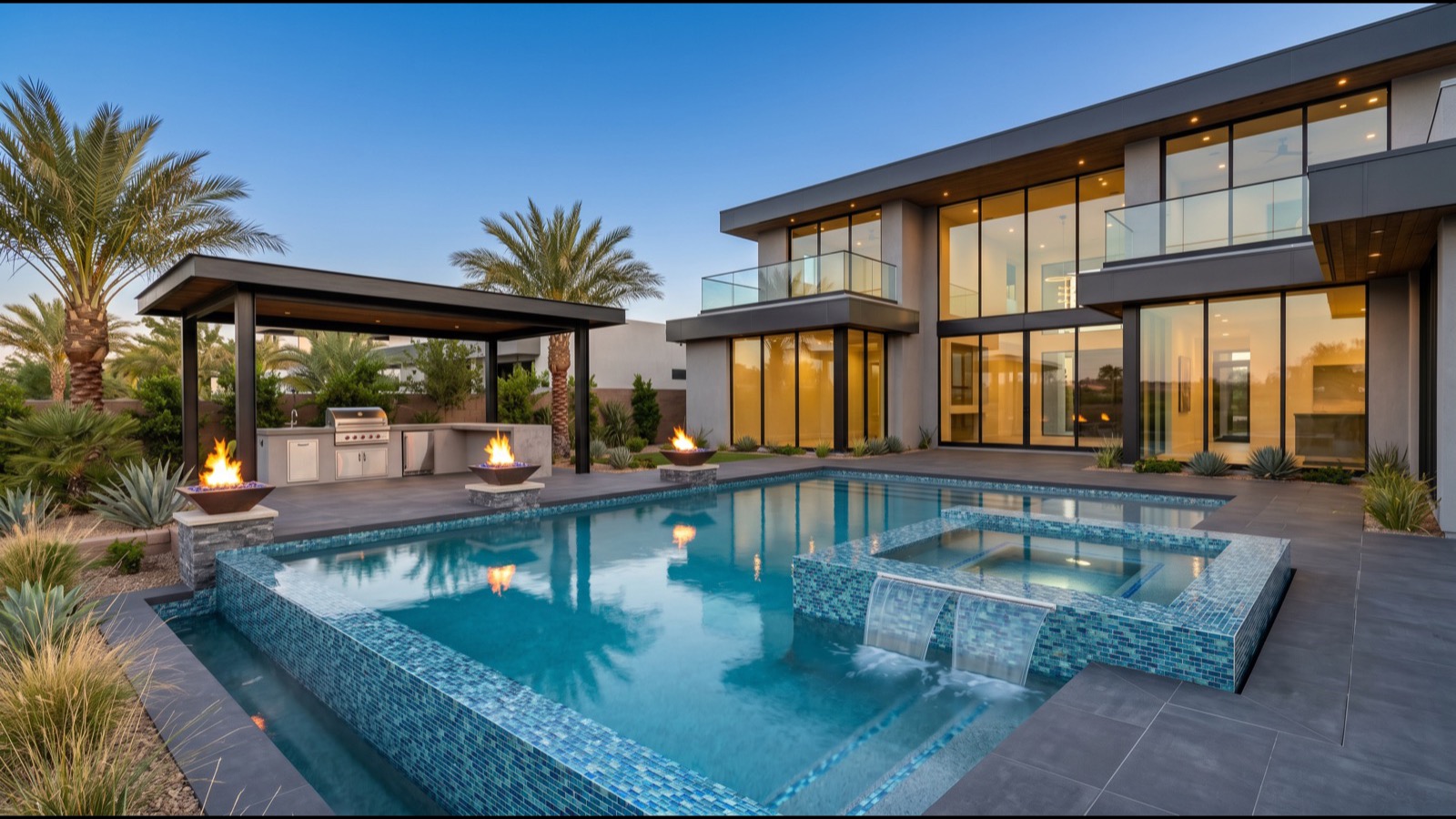 Las Vegas Country Club pool deck and rear yard backing the Edmund Ault golf course at golden hour with mature desert landscaping