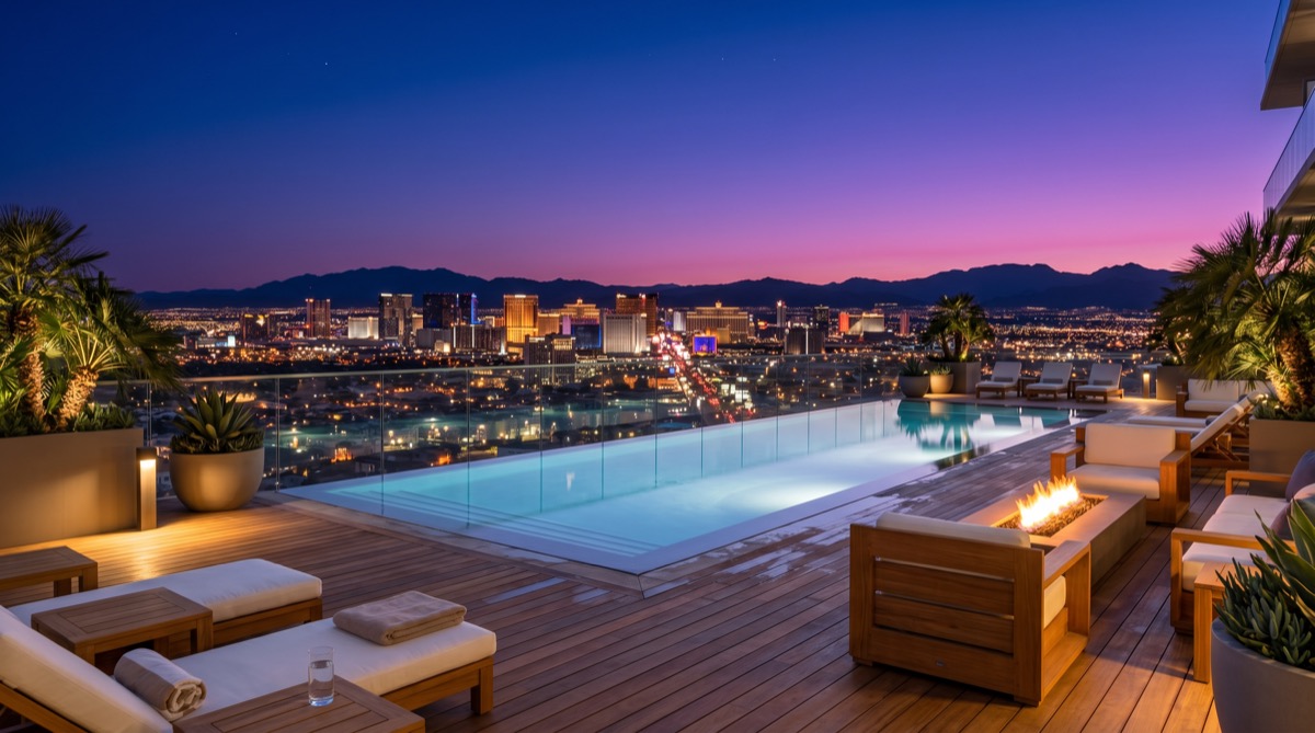 Las Vegas luxury rooftop pool deck at twilight with the Strip skyline in the distance — representative of the amenity stack at upper-tier LV luxury condo towers and an alternative to single-family luxury estate ownership
