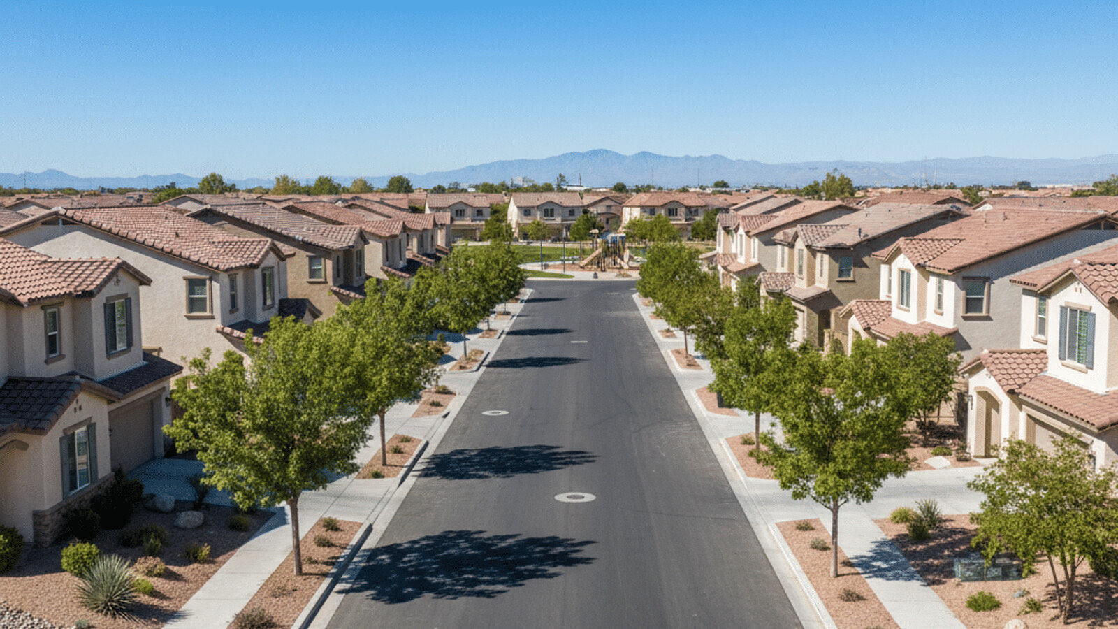 Las Vegas residential neighborhood showing single-family homes along a tree-lined street in 2026