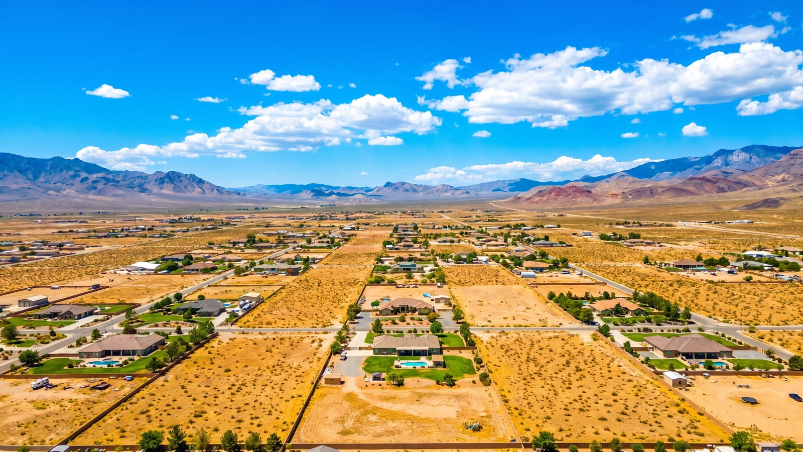 Aerial view of the Pahrump Nevada valley with scattered homes on large desert lots and surrounding mountain ranges