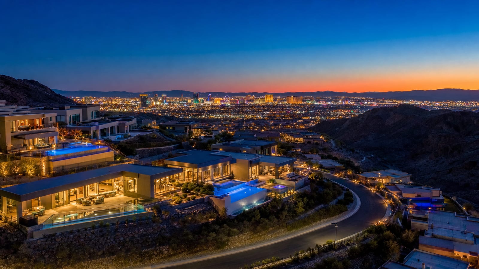 Seven Hills Henderson hillside view across the Las Vegas valley with the Strip skyline on the distant horizon