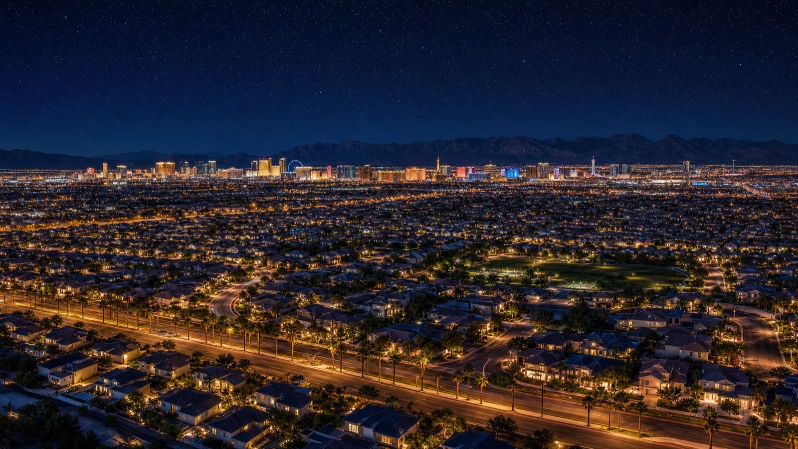 Sky Las Vegas tower glowing at night on the north Strip corridor with the central Strip skyline visible to the south and Resorts World adjacent to the north