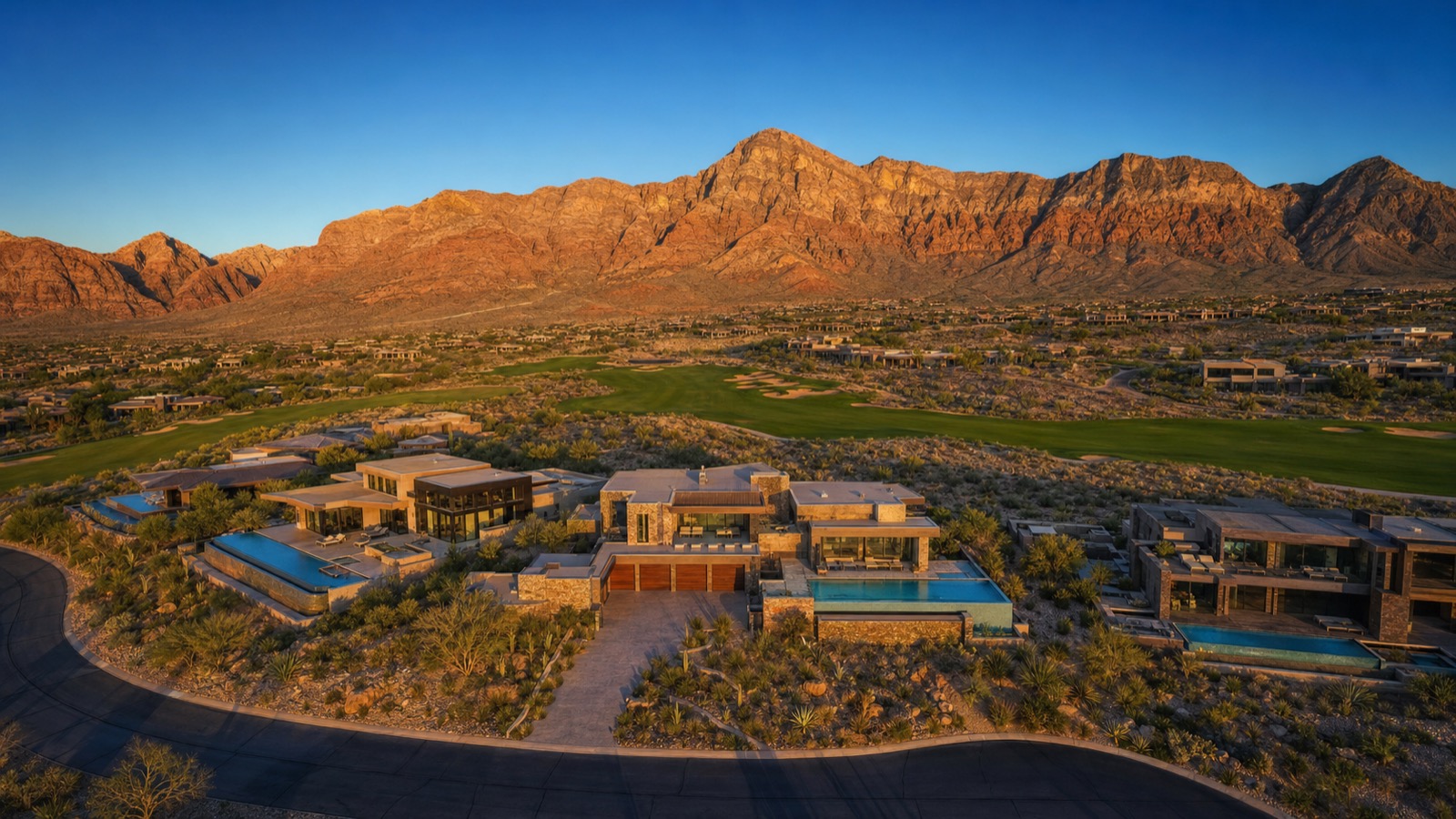 The Summit Club Summerlin golf course aerial view with Red Rock Canyon backdrop Las Vegas